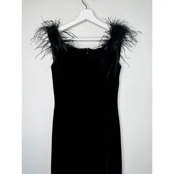Eliza J. Velvet Feather Trim Cowl Neck Ruched Side Maxi Dress Black Women Size 6 - Picture 7 of 11